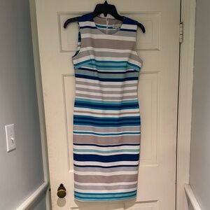 Calvin Klein Blue and Gray Striped Midi Dress
